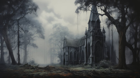 a medieval gothic church nestled in the woods, captured by andrew taylor. this realistic landscape photograph showcases soft, tonal colors and a dark, brooding design. the eerie realism and misty atmosphere evoke a southern gothic vibe. ai generatedの素材
