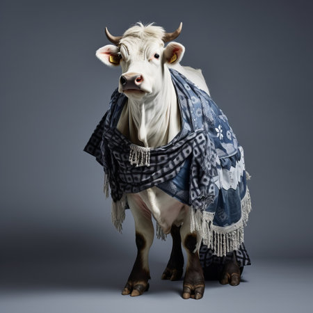 ostrich bull photo captured by rsi digital design showcases a contemporary interpretation of polixeni papapetrou's style. the image features a striking combination of dark indigo and white hues, highlighting the artist's skillful use of textiles. with culturally diverse elements and multi-layered textures, this photograph by carsten meyerdierks exudes a captivating and bone-chilling atmosphere. ai generatedの素材