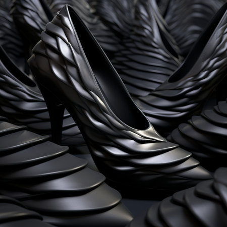 shiny black shoes by max lem, featuring futuristic chromatic waves, dusty piles, volumetric lighting, zigzags, romantic chiaroscuro, spiral group, and feminine imagery. ai generatedの素材