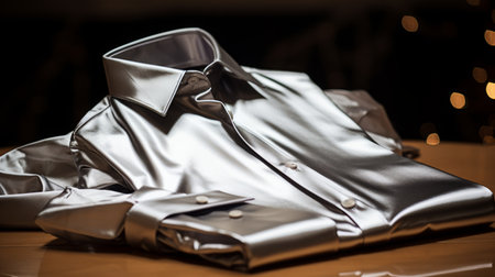 a silver dress shirt and tie are showcased in this image, featuring a darktable processing style. the hyper-realistic oil effect enhances the intense lighting and shadow, highlighting the polished craftsmanship of the dark silver and light bronze tones. this tabletop photograph captures the elegance of the silver ensemble, with a touch of leatherhide. ai generatedの素材
