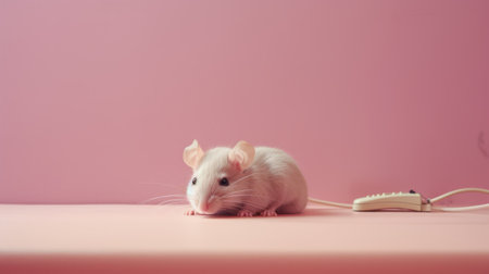 white cat and mice on pink desk, minimalist background inspired by daan roosegaarde. detailed scientific subjects depicted in vibrant colors and minimalistic style. enhanced with rtx technology and captured on cinestill 50d film. created by mike campau, this artwork showcases a unique blend of colorful minimalism. ai generatedの素材