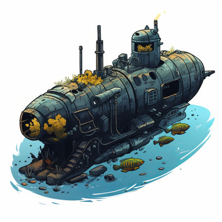 a steampunk-inspired illustration by ilya mashkov featuring a highly detailed and realistic submarine floating on the ocean. this 2d game art showcases intricate character design with a colored cartoon style. the artwork also incorporates rough clusters, adding depth and texture to the overall composition. ai generatedの素材