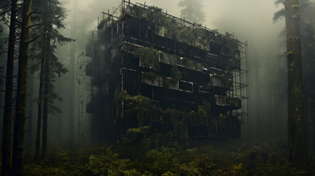 an architectural structure covered in moss stands amidst a forest, creating a haunting and mysterious atmosphere. this matte painting-inspired creation combines elements of industrial horror, mote kei fashion, and junglecore aesthetics. the blocky and burned-charred appearance adds to the eerie ambiance, while the misty surroundings enhance the overall sense of intrigue. ai generatedの素材