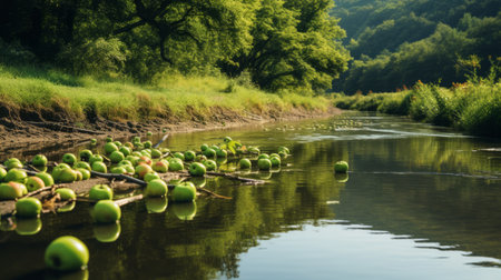 a large green apple floats gracefully in a river, capturing the essence of rural life. this captivating photography installation, inspired by the works of mikhail nesterov, showcases dense compositions and serene ambiance. crafted meticulously with beads and yarn, it exudes a sense of celebration and tranquility. ai generatedの素材