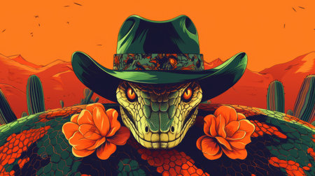 an artist passionately creates a digital illustration of a lizard wearing a hat against a scenic landscape backdrop. the artwork showcases a bold and aggressive style, with vibrant shades of light orange and dark green. the composition draws inspiration from western-style portraits, while incorporating elements of wallpaper, cryptidcore, floralpunk, and the figura serpentinata. ai generatedの素材