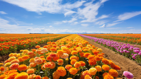 orange, yellow, and green flowers bloom in an expansive landscape, creating a vibrant burst of colors. the light red and light purple hues add a touch of elegance, while the light purple and light orange shades bring a sense of warmth. this photo, reminiscent of edogawa ranpo's style, captures the beauty of nature against a backdrop of realistic blue skies. a captivating associated press photoの素材