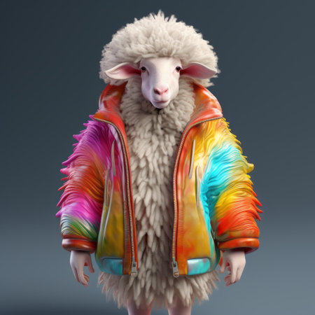 a sheep wearing a vibrant rainbow-colored jacket stands out with its unique style. the jacket, created in the distinctive zbrush style, combines elements of hip hop aesthetics and warmcore fashion. luxuriant textures and mundane materials blend seamlessly, while clean lines and layered fibers add depth to the overall look. ai generatedの素材