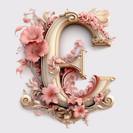 an ornate and decorative letter b 3d graphic art, featuring captivating floral still life elements. this stunning piece showcases a combination of light beige and pink hues, created using zbrush software. the intricate details and artistic style, reminiscent of algeapunk and gongbi, make this artwork truly mesmerizing. photographed with a canon 7. ai generatedの素材