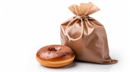 donut in a brown paper bag isolated on white stock photo, featuring a juxtaposition of objects. the photo is captured in the style of gray and bronze, with the use of fabric and poured resin. the composition showcases an ironic twist, while maintaining a monochromatic scheme. this unique image is reminiscent of the artistic style of patrick dougherty. ai generatedの素材