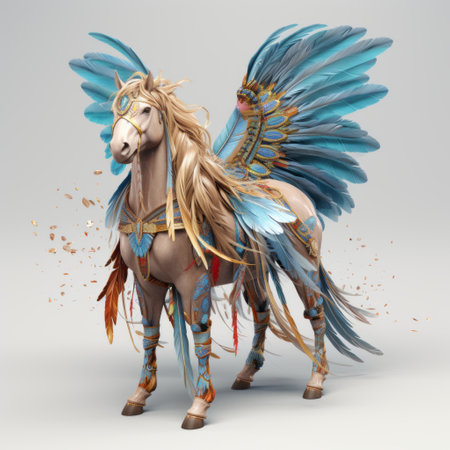 a man dressed as a horse with feathers, rendered in maya, showcasing detailed character illustrations in a light blue and bronze color scheme. the life-like avian illustrations feature anime-inspired characters, creating a unique angelcore aesthetic in 3d. ai generatedの素材