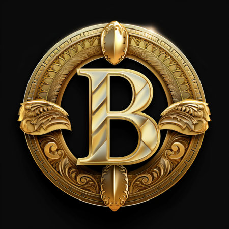 the gold letter "b" shines brightly against a black background in this stunning image. created in the style of realistic fantasy artwork, this 2d game art piece draws inspiration from byzantine iconography and bryce 3d. perfect for websites and fantasy illustrations, the exquisite craftsmanship of this gold name adds a touch of elegance to any project. ai generatedの素材