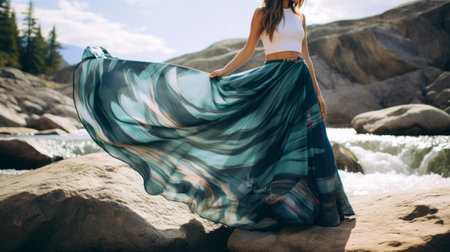 a photo featuring a stunning ensemble by clyde tonge, consisting of a blue maxi skirt, top, and cropped coat. the design is inspired by naturalistic ocean waves, showcasing a beautiful blend of dark teal and light teal hues. the image captures a motion blur panorama, reminiscent of colorful watercolors. the beach portraits highlight the contrasting shades of dark green and light amber, resulting in aの素材