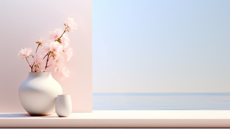 a nebula, reminiscent of captivating floral still lifes and serene oceanic vistas, is situated at the far right of the scene. the style of the image draws inspiration from renowned artist carl kleiner, featuring soft pastel skies and elements of oriental minimalism. the composition is further enhanced by the delicate beauty of cherry blossoms, creating a photorealistic rendering. ai generatedの素材