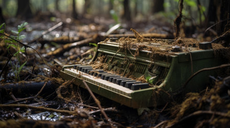 an old piano sits amidst the forest, its keys weathered and worn. behind it, the roots of trees intertwine, creating a captivating display of nature's strength. this unique scene combines elements of destroyed gadgets sculptures, iconic album covers, and miniaturecore, with a touch of nature-inspired camouflage. shot on 70mm film, the image captures the essence of caninecore and organic chaos. ai generatedの素材