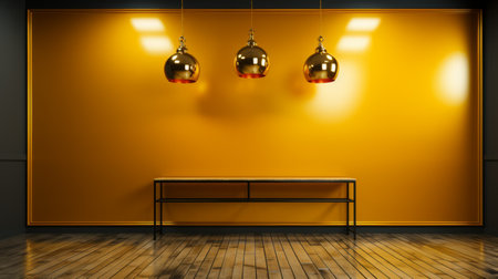 lights and table in an empty room with a yellow wall. dark gold and gold style, realistic and detailed rendering. vibrant and lively hues with a sleek metallic finish. restored and repurposed, showcasing sharp vivid colors in shades of orange. ai generatedの素材