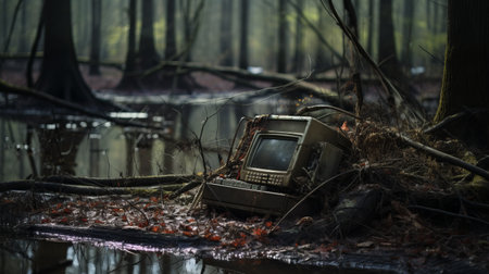 an old television, discarded on a wooden board, creates a dystopian landscape. this atmospheric woodland imagery, captured through tilt-shift photography, evokes a sense of cranberrycore. the pensive stillness of the scene is reminiscent of dutch landscapes, with the television's rubber material adding an intriguing element to the composition. ai generatedの素材
