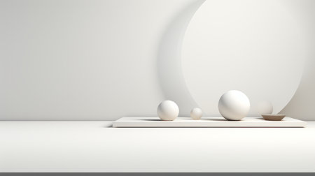 three white eggs are neatly arranged on a white shelf, contrasting against a vibrant blue backdrop. this futuristic abstract photo showcases minimalist stage designs and the art of hard surface modeling. the soft and rounded forms of the eggs play with light and shadow, resembling spherical sculptures. rendered in maya, this image is a captivating blend of simplicity and complexity. ai generatedの素材