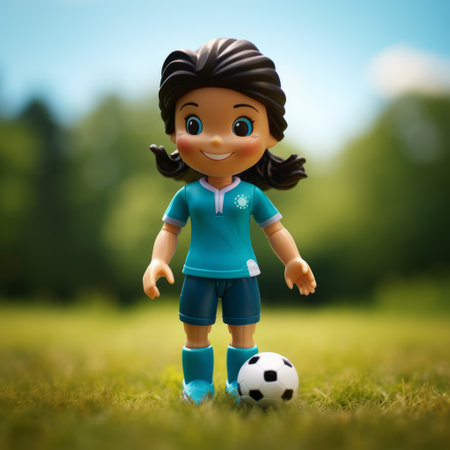 a small tshirt dress toy girl is captured in a dynamic outdoor shot, holding a soccer ball. the image showcases hyper-detailed and realistic renderings in the style of physically based rendering. shot with a panasonic lumix s pro 50mm f14 lens, the cyan-toned photograph features character caricatures by paul corfield. ai generatedの素材