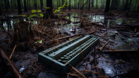 an old computer sits on the ground in a forest, showcasing its plastic construction. this unique photograph captures the essence of american tonalism and is shot on 70mm film. the scene is reminiscent of southern gothic-inspired aesthetics, with a touch of soggy ambiance. the computer's eco-friendly craftsmanship is evident, as it is made of rubber. ai generatedの素材
