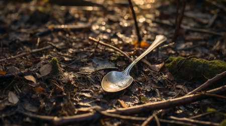 a fallen spoon in the forest, bathed in golden light, exudes a contemplative absurdity. captured with a leica cl, the image showcases the spoon's liquid metal appearance, with hints of light silver and silver tones. this british topographical scene evokes a sense of recycled beauty amidst nature's embrace. ai generatedの素材