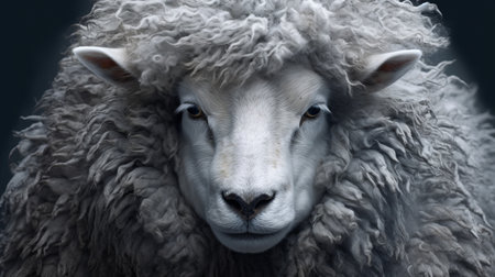 a sheep is depicted in a close-up shot against a dark background, resembling the hyper-detailed style of artists like mike campau and olivier valsecchi. the high-resolution uhd image captures the sheep's features with remarkable realism. the light illuminates the sheep's white and gray fur, creating a striking contrast. this photograph evokes the works of anne mccaffrey and showcases the beauty of nature up close. aiの素材