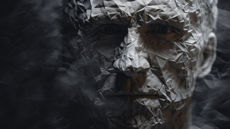 a man's head, created with polygonal shapes, showcases gritty textures in this photo captured with a nikon d750. the image features a combination of light silver and dark black tones, resulting in a visually striking composition. taken by ruslan lobanov, the high-resolution uhd image highlights the unique style of embossed paper, making it a captivating choice for social media portraiture. ai generatedの素材