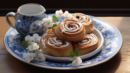 a white and blue tea cup, created in the style of photobashing, is featured in this image. the cup is placed against a richly detailed background, showcasing elements like applecore and a spiral group. captured using a canon af35m, the composition exudes a classical style with its combination of white and brown tones. ai generatedの素材