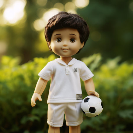 a multicultural doll, dressed as a soccer player, stands in front of a tree. the soft-focused realism style captures the charismatic essence of the toycore aesthetic. the light white and white tones add a touch of elegance to the composition. this captivating image by patrick mchale showcases the doll's vibrant personality and celebrates diversity. ai generatedの素材