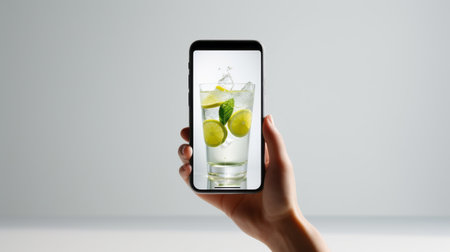 woman holding smartphone with glass overlay and lemon juice, showcasing vray tracing and photo-realistic techniques. the image features a light gray and green color scheme, with poured resin creating a hyper-realistic water effect. shot at iso 200, the uniformly staged composition captures the beauty of the scene. ai generatedの素材