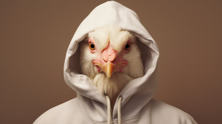 a person is captured wearing a white hoodie featuring a photorealistic portrait of a chicken's head in the center. this unique design showcases inventive character designs reminiscent of nicolas bruno's style. the photo, found on flickr, exudes a raw and edgy aesthetic, reminiscent of the works of matti suuronen and the artistic duo etam cru. ai generatedの素材