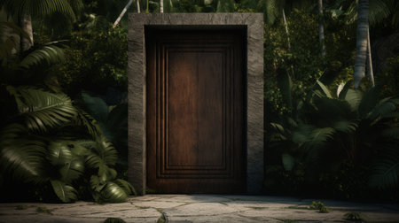 an empty wooden door stands amidst a lush tropical forest, surrounded by ruins and dense jungle. this 3d rendered illustration, created in the style of unreal engine 5, showcases a blend of brutalism and nature-inspired shapes. the door features a dark brown and dark bronze color palette, with bold contrast and textural play. its carved surfaces add an intriguing element to this installation created byの素材