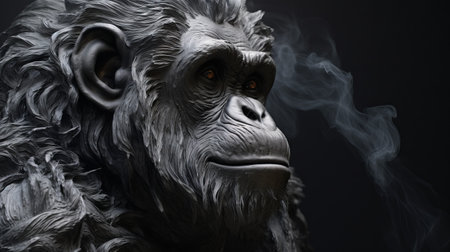 a realistic gorilla head, created in the style of zbrush, emerges from a black background, with smoke billowing out. this captivating image showcases the talent of artist raphael lacoste, known for his charming characters and expertise in hard surface modeling. the shallow depth of field enhances the focus on the intricate details of the gorilla head, while the monochromatic color scheme adds a touch ofの素材