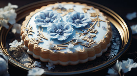 a blue cake adorned with blue flowers sits on a black table, creating a striking contrast. the photorealistic rendering showcases intricate baroque ornate details, reminiscent of the tang dynasty. the color palette features light beige and light amber tones, adding warmth to the composition. the image is captured using focus stacking, resulting in a high-resolution photograph that beautifully combines traditional techniques with a modern aesthetic.の素材