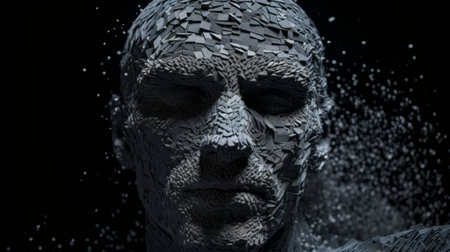 a 3d image featuring a man with a cloud face, showcasing a futuristic fragmentation style. the dark palette and raw metallicity create a visually striking effect, enhanced by textural surface treatments. inspired by the architectural designs of jean nouvel, the image exhibits a thick texture and a scattered composition. ai generatedの素材