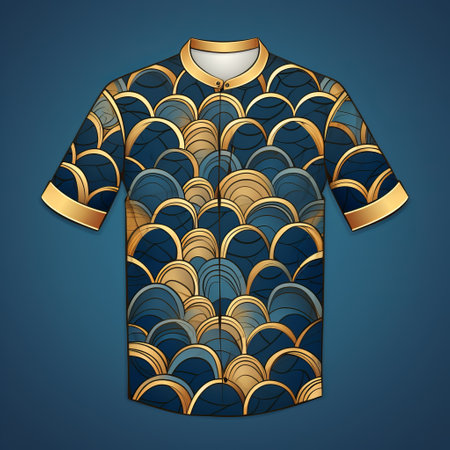 the shirt features gold and blue circles in a futuristic chromatic wave design, with textured shading reminiscent of japanese folk art. the rounded batik pattern creates a realistic yet stylized look, resembling naturalistic ocean waves. ai generatedの素材