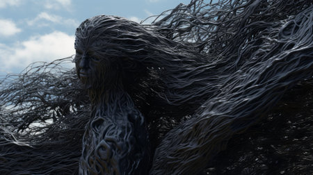 a wired 3d sculpture of a dark fantasy creature, created by an artist for sculpture art. this nature-inspired sculpture features detailed brushstrokes and a smokey background, rendered in unreal engine with a solarization effect. the close-up intensity of this 8k resolution artwork brings out the intricate details of the sculpture. ai generatedの素材