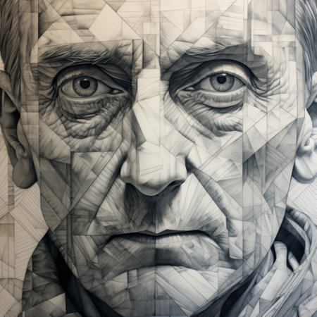 an abstract drawing of an old man, inspired by the multifaceted geometry of kathrin longhurst's style. the man's face is divided into three parts, reminiscent of hyperrealistic murals. the artwork showcases elements of daan roosegaarde's innovative approach and mark brooks' attention to realistic hyper-detail. this piece captures the essence of celebrity-portraits while incorporating a unique and captivating artistic vision. ai generatedの素材