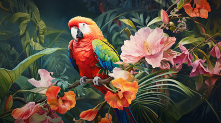 a colorful parrot perches on a branch adorned with vibrant flowers, showcasing the artistic style of patrick brown. this hyper-detailed rendering, reminiscent of alexander fedosav's precisionist art, captures the beauty of tropical landscapes. the parrot's feathers display a striking combination of light red and dark azure, making it a captivating subject for a wallpaper. ai generatedの素材