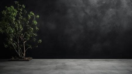 isolated empty black room with a tree on the floor and wall, showcasing contemporary ceramics. the dark silver color scheme adds a touch of elegance to this uhd image. the zen minimalism and glazed surfaces create a serene atmosphere. captured with the zeiss batis 18mm f2.8 lens, this landscapist's dream is a visual delight. ai generatedの素材
