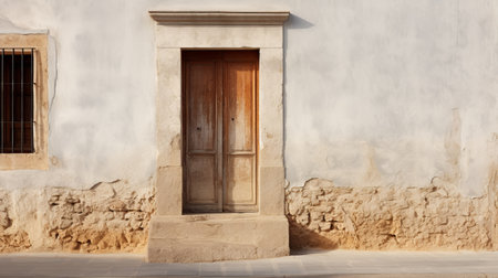 old wooden door with wooden shutters on the facade of an old building in crete. the door and shutters are in a light beige and light amber color, creating a beautiful contrast with the shadows. the style of the door and shutters is reminiscent of traditional mexican architecture, with minimalist backgrounds and a touch of baroque-esque ornateness. this associated press photo features a white background.の素材