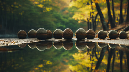 a group of rocks, resembling spherical sculptures, appear to be walking on water in this captivating stock photo. the image showcases a japanese-inspired aesthetic with its symmetrical compositions and nature-inspired installations. the high-resolution uhd quality allows for a detailed view, while the bokeh panorama adds a dreamy touch. this observational photography captures the unique beauty of these rock formations. ai generatedの素材