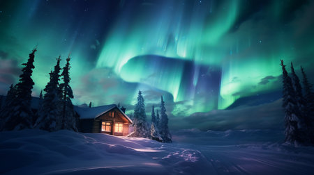an aurora lights up the snowy forest surrounding a cabin on a winter night. this photorealistic landscape captures the ethereal beauty of the colorful post-impressionistic sky, resembling a concept art piece. the dark emerald and white hues create a mesmerizing contrast, reminiscent of the style of renowned artist sparth. this national geographic-worthy photo showcases the enchanting combination of nature and artistry. ai generatedの素材
