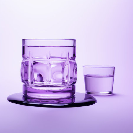 purple drink glass on a purple background, captured with the style of zeiss batis 18mm f2.8 lens. the image showcases odd juxtapositions with a white background and translucent water. the clever use of light purple and light gray creates an intriguing visual contrast. shot on kodak ultramax film. ai generatedの素材