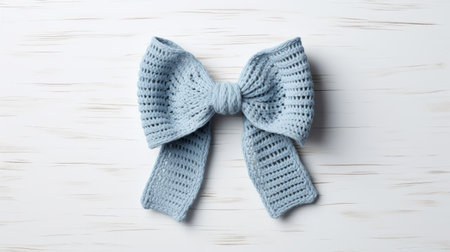 a light blue crochet ribbon is delicately placed on a clean white background. the composition exudes a dark gray, cute, and quirky style, with a soft and airy feel. the design showcases classical symmetry, reminiscent of the american barbizon school. the overall aesthetic reflects eccentric creativity and captures the essence of cottagecore. ai generatedの素材
