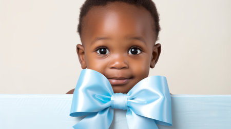 a baby boy with expressive eyes looks out of an elegantly wrapped present adorned with a blue bow. the package, in the style of african influence, features light azure and white colors. this emotive and playful yet sophisticated image is captured in stunning 8k resolution, showcasing the beauty of the moment. ai generatedの素材