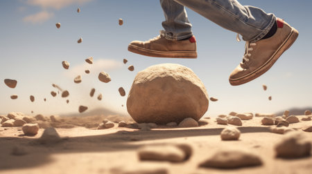 a group of individuals enthusiastically leap over a stone, their outstretched hands eagerly reaching for it. this captivating photo showcases the artistry of vray tracing, macro perspectives, and desertwave aesthetics. with the use of photo-realistic techniques and the zeiss batis 18mm f2.8 lens, the image is digitally enhanced, resulting in a whimsical and cartoonish innocence. ai generatedの素材