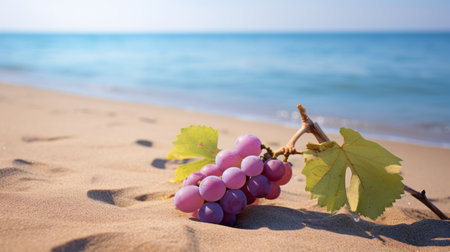 leaves on a string of grapes, captured in the style of beach portraits, showcase vibrant shades of purple and pink. the shallow depth of field adds a dreamy touch to the image, reminiscent of seaside vistas and mediterranean landscapes. the composition exudes a graceful balance, making it a visually captivating photo. this image is available under the creative commons attribution license. ai generatedの素材