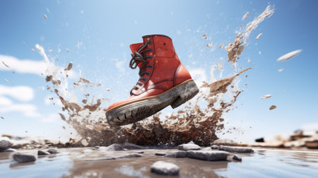 a red boot, captured in a realistic and hyper-detailed rendering, is seen falling onto water. the image showcases the use of a graflex speed graphic camera, creating a post-apocalyptic atmosphere. with rtx on, the low-angle shot highlights the industrial and product design elements, while incorporating the unique style of smilecore. ai generatedの素材