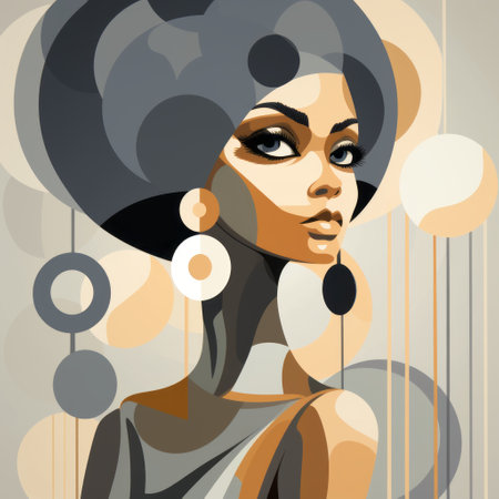 an illustration featuring an abstract image with geometric shapes, influenced by african art and the beauty of women. the artwork showcases a combination of dark gray and beige tones, reminiscent of glamorous hollywood portraits. the bold and traditional character design, with intricate details, makes this illustration a contest winner. ai generatedの素材