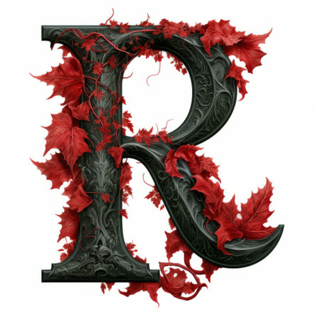 an old black letter with red leaves on it, featuring a realistic hyper-detailed rendering. this contemporary fairy tale-inspired artwork showcases intricate carvings and grotesque characters. created using the ricoh r1 camera, the image captures the fine details and textures of the letter, making it a visually captivating piece. ai generatedの素材